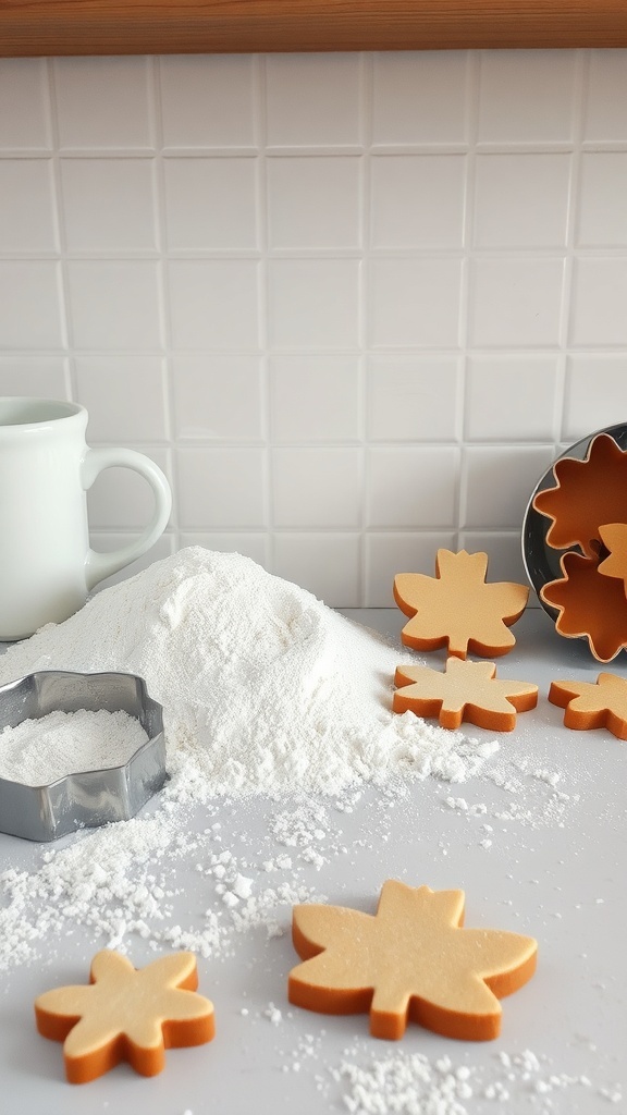 Baking essentials for autumn treats with flour, cookie cutters, and leaf-shaped dough.