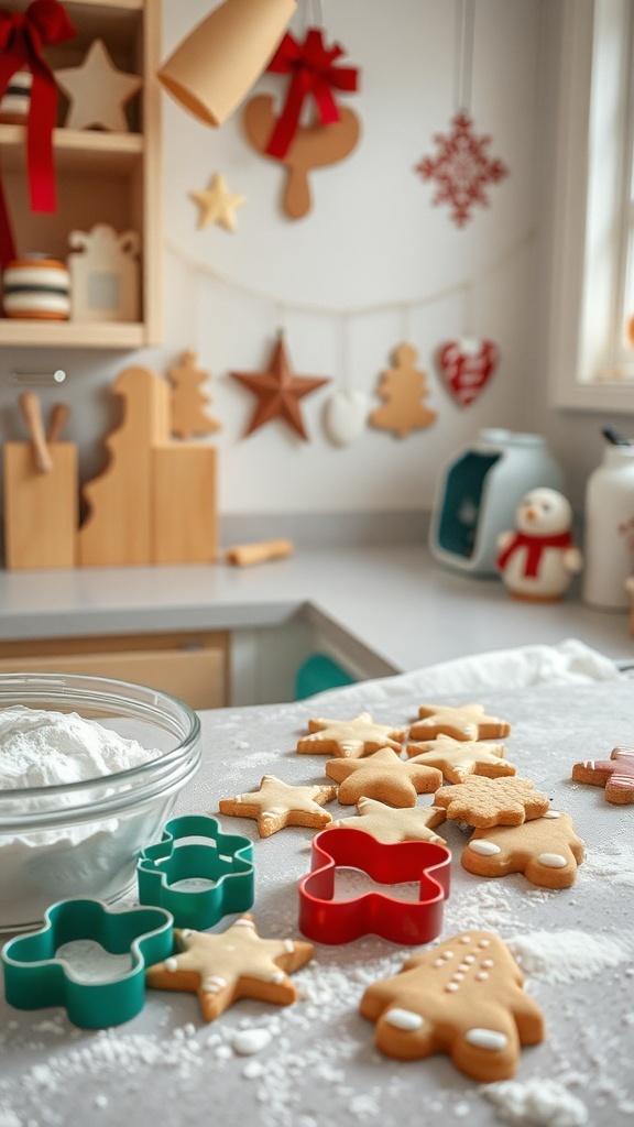 A cozy kitchen scene with cookie cutters and freshly baked holiday cookies.