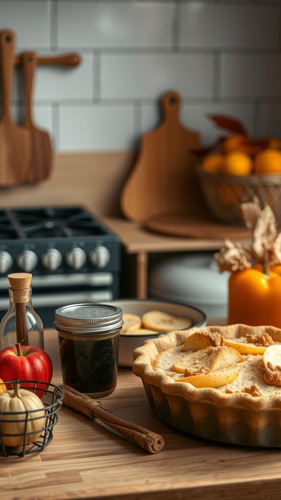 A cozy kitchen scene with a freshly baked apple pie, apples, and seasonal decorations.