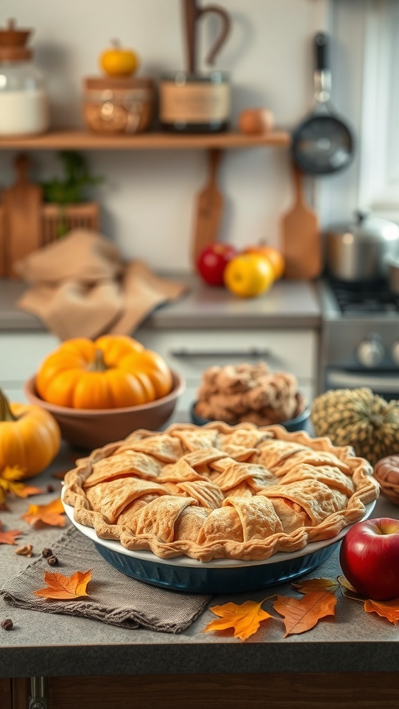 A cozy kitchen scene with a freshly baked apple pie, pumpkins, and autumn leaves.