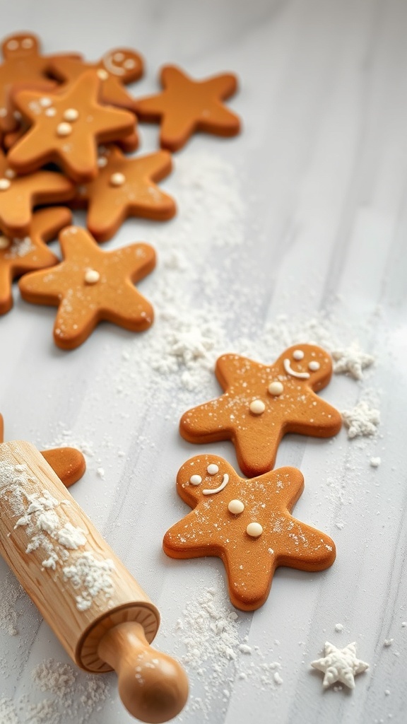 A collection of gingerbread cookies and a rolling pin on a marble surface.