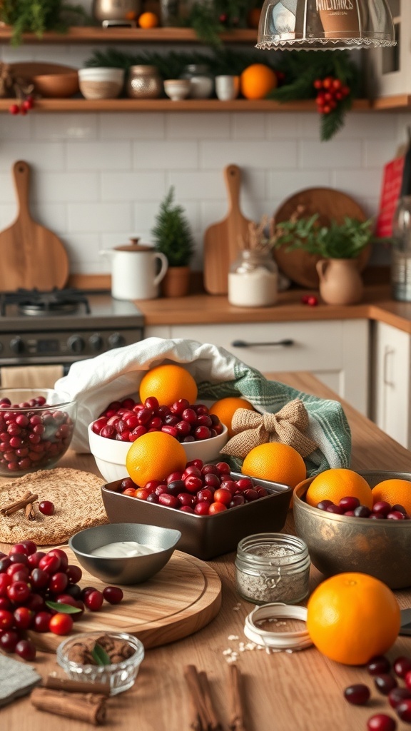 A cozy farmhouse kitchen with seasonal ingredients for baking, featuring fresh cranberries and oranges on a wooden table.