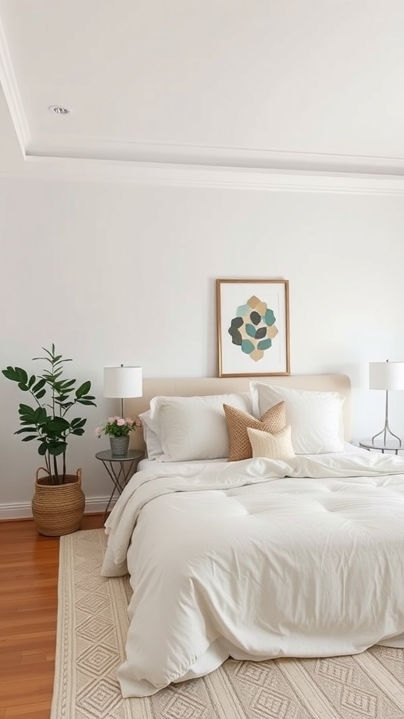 A neutral bedroom with a bed, matching lamps, and a piece of art on the wall.