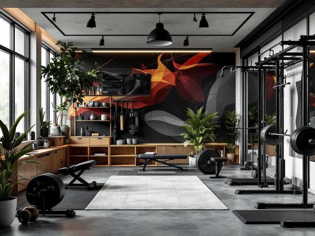 A modern home gym with large windows, workout equipment, and plants.