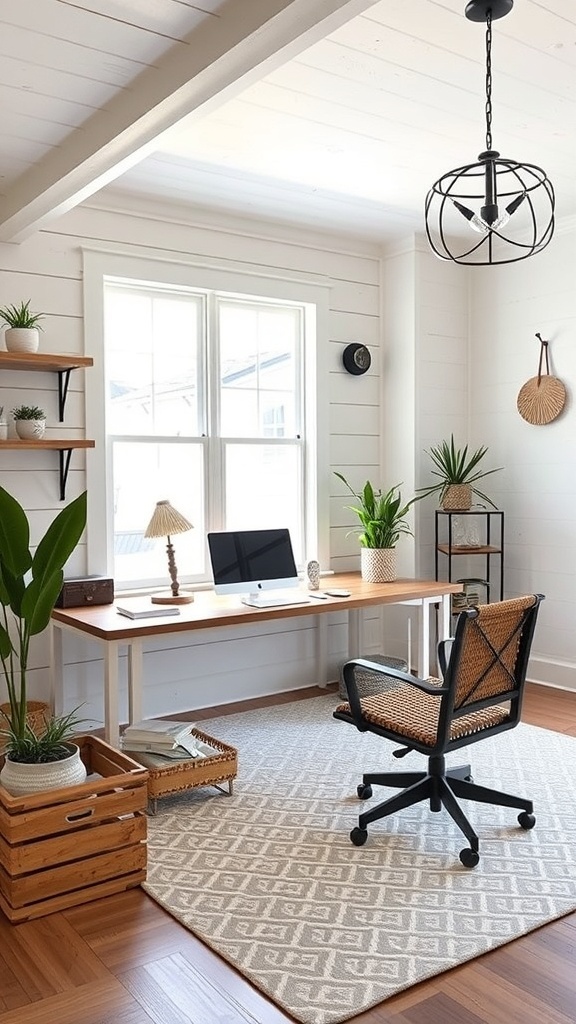 Modern farmhouse office with wooden desk and natural light.