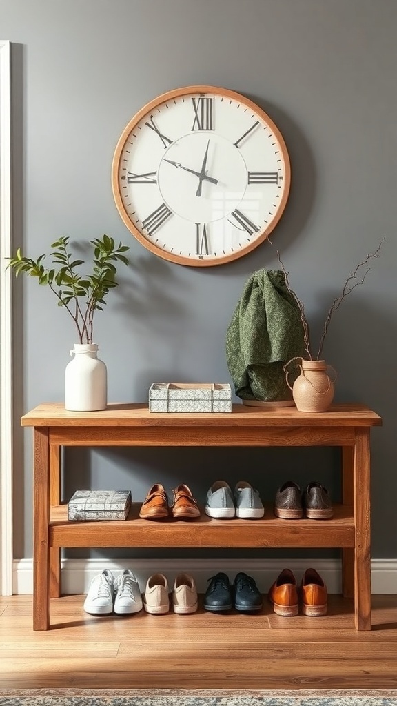 A rustic entryway table with shoes and decorative items, complemented by a large wall clock.