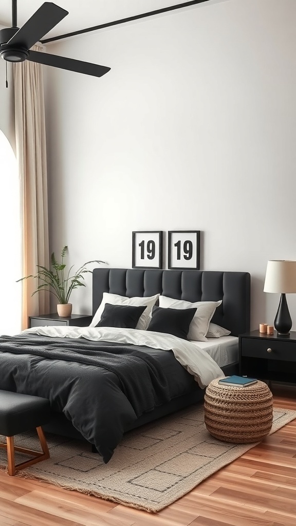 A stylish black and cream bedroom featuring a black headboard, cream bedding, and natural wood flooring.