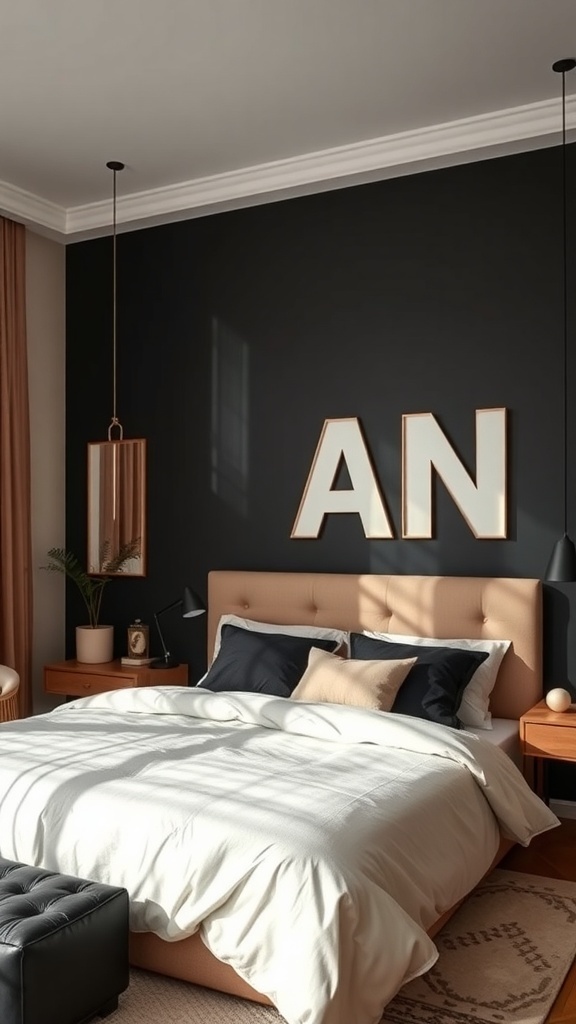 A stylish black and tan bedroom featuring a dark wall, light-colored bedding, and modern decor.