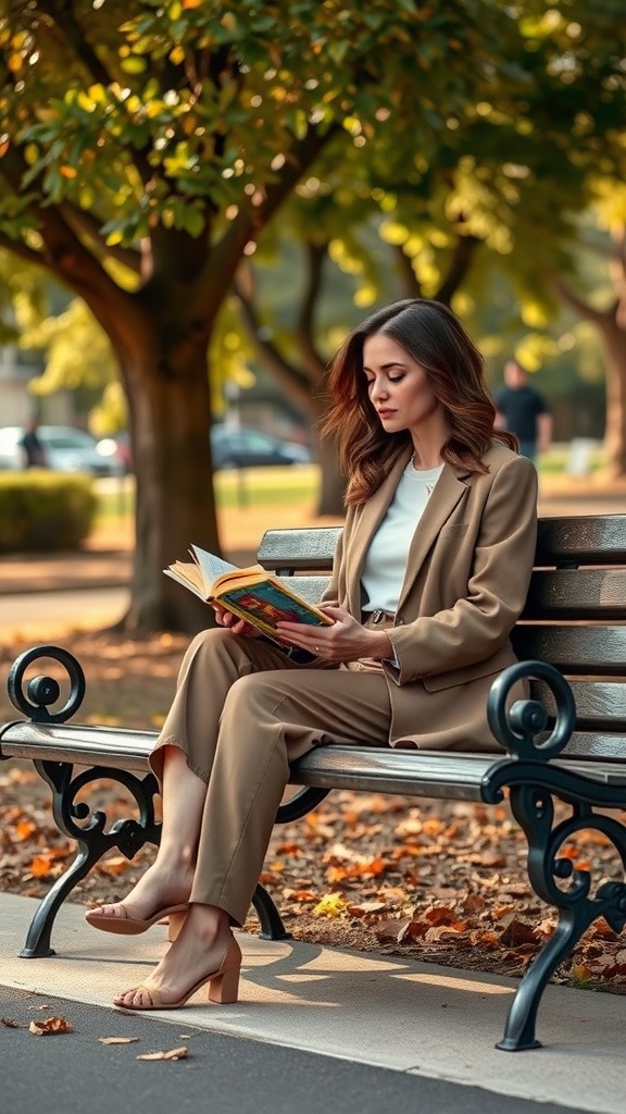 A woman reading a book while sitting on a bench, wearing a beige suit and block-heeled sandals.