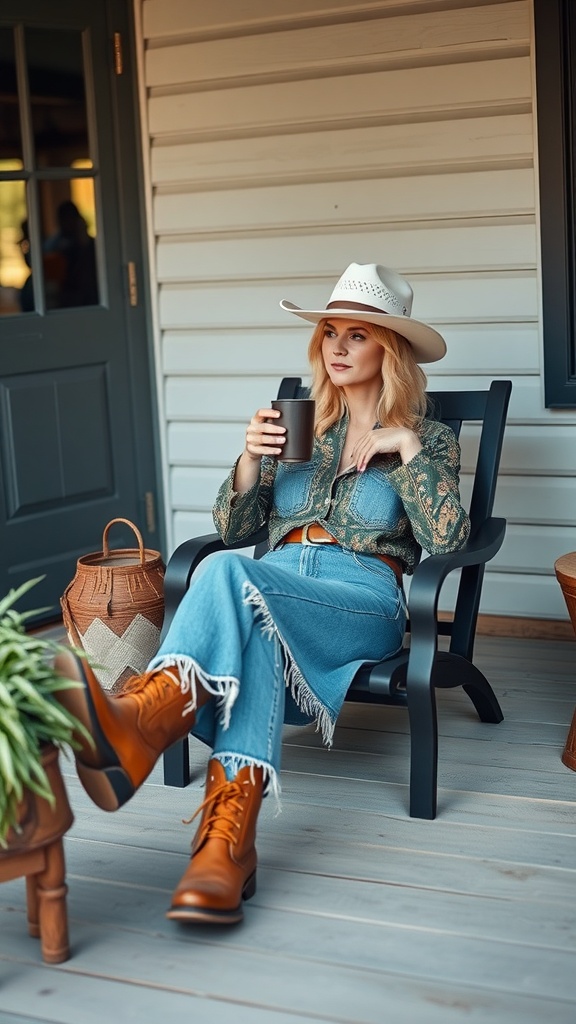 A woman in a western chic outfit sitting on a porch, wearing a patterned shirt, denim skirt, and brown boots, holding a cup.