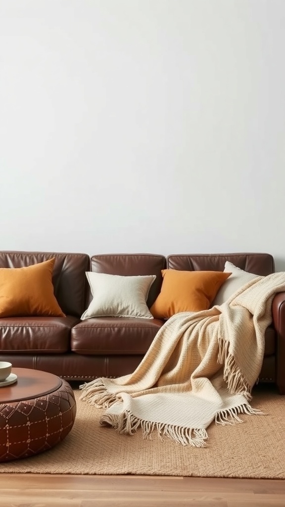 A cozy leather couch with pillows and a throw blanket in a farmhouse living room setting.