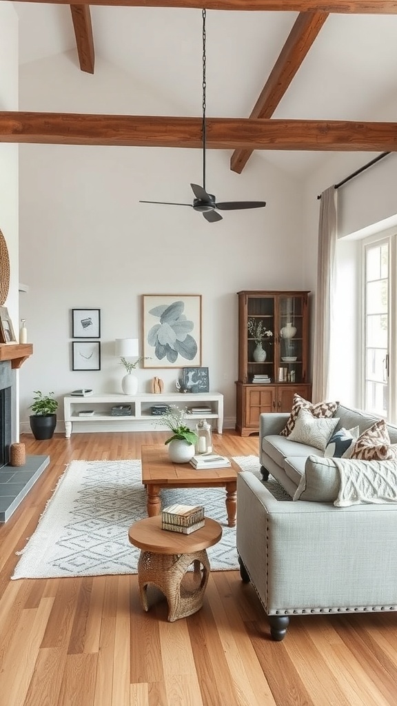 A modern rustic living room with wooden beams, a cozy sofa, and stylish decor.