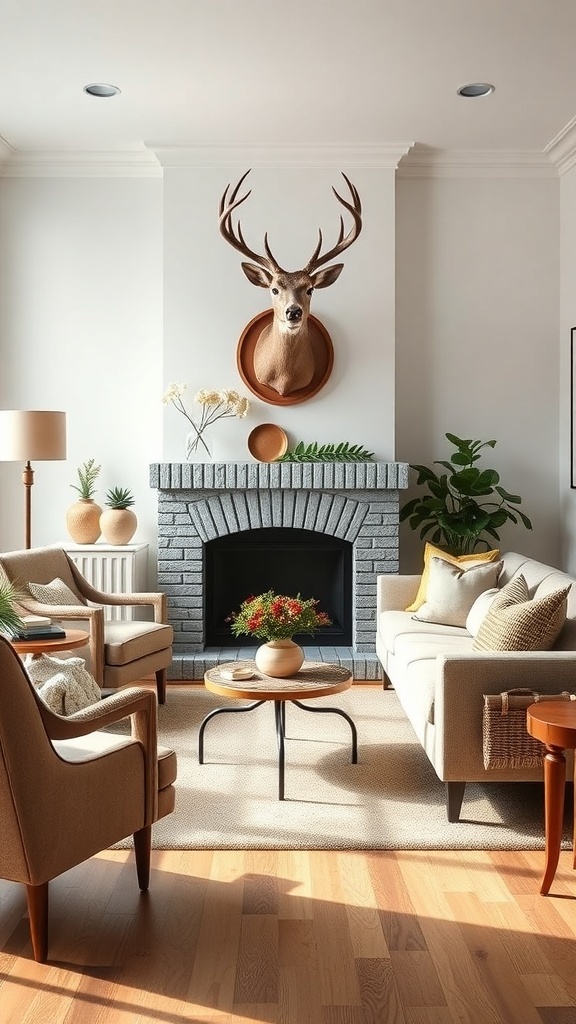 A stylish living room with a deer mount above the fireplace, featuring cozy seating and plants.