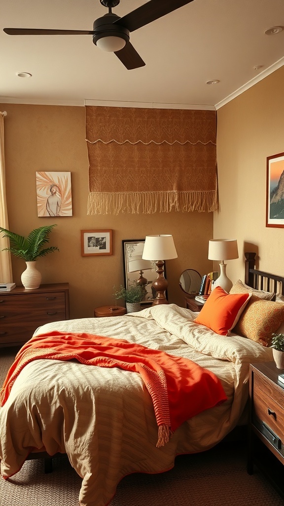 A cozy bedroom featuring earthy tones with bright orange accents.