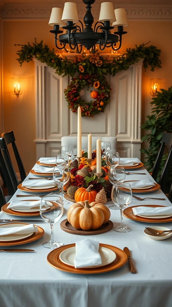 Thanksgiving table setup with pumpkins, candles, and elegant tableware