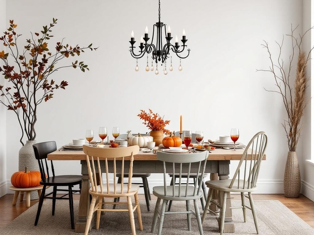 Thanksgiving dining table with a mix of formal and casual elements, featuring a wooden table, mixed chairs, pumpkins, and autumn decor.