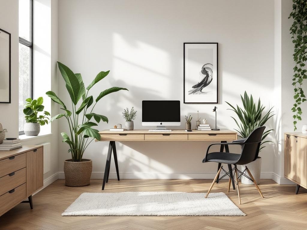 A minimalist home office with a wooden desk, computer, and plants