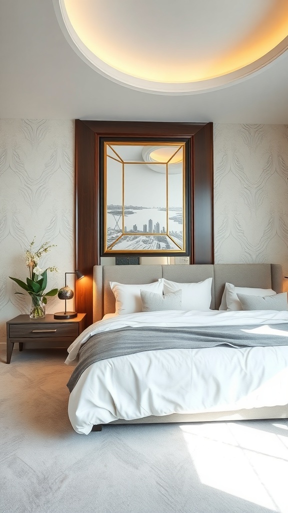 Luxurious bedroom interior with a stylish bed, elegant lighting, and a city view.