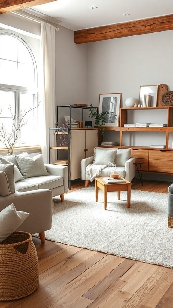 A modern rustic living room with soft textures and natural materials.