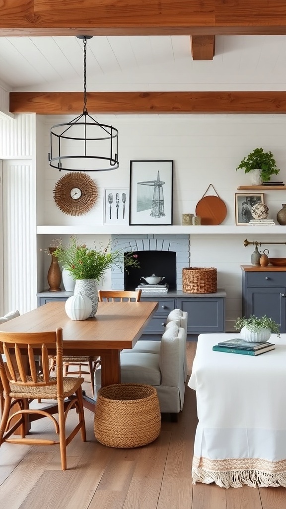 A modern coastal farmhouse interior featuring a wooden dining table, light-colored walls, and rustic decor.
