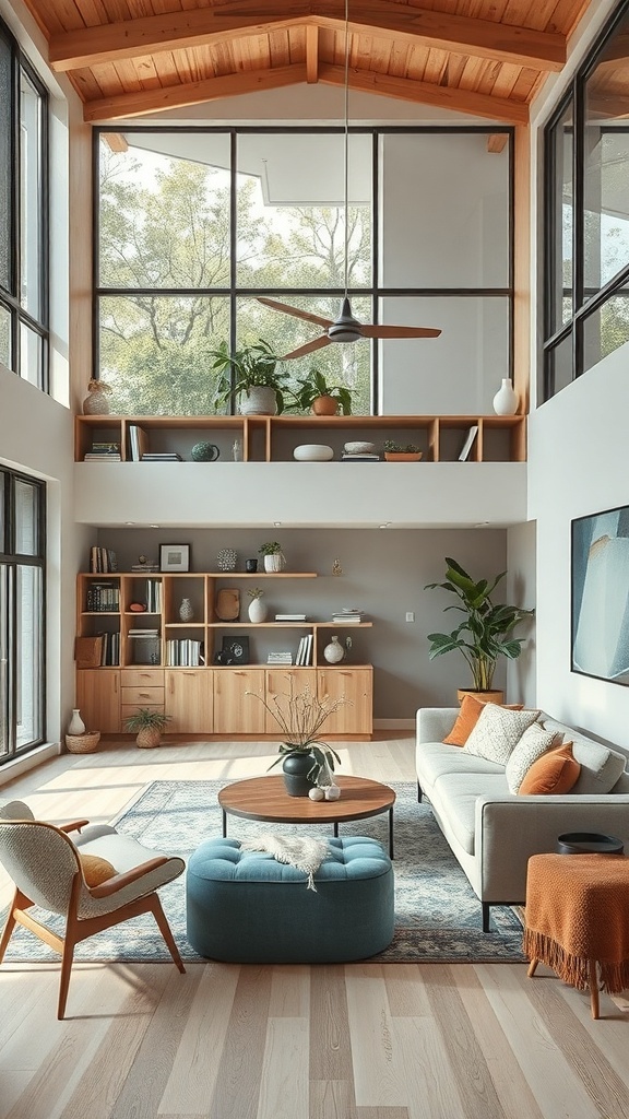 A bright living room with large windows, neutral tones, and cozy furniture.