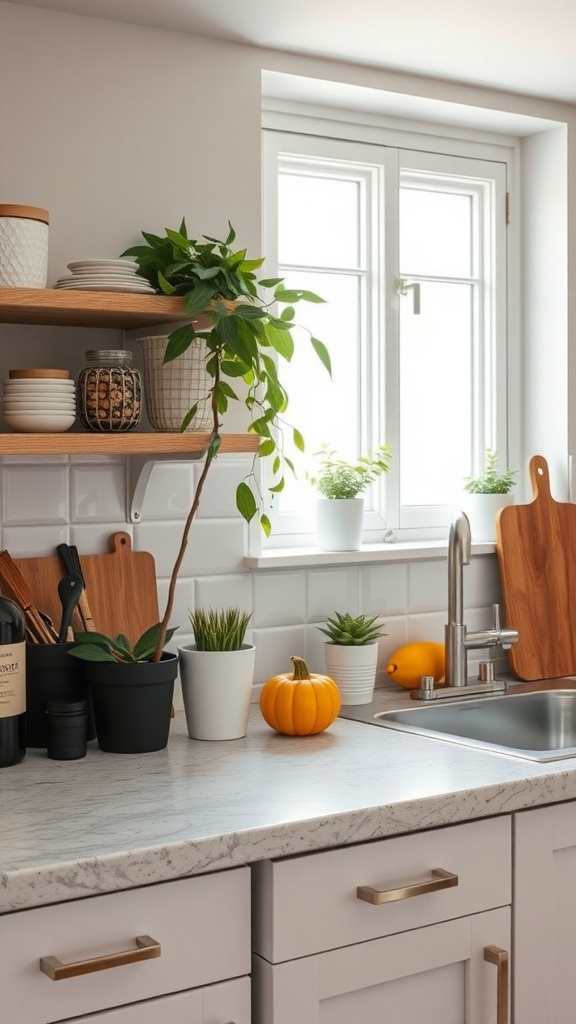 Stylish kitchen countertop with plants, pumpkins, and wooden utensils.