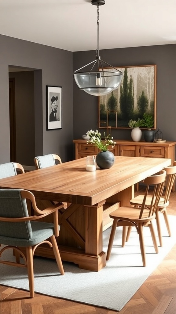 A modern farmhouse dining table with wooden chairs, a vase of greenery, and a bright, airy room.