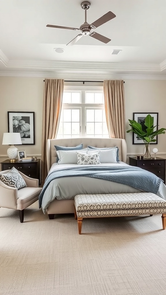 A beautifully designed master bedroom featuring a bed, cozy chair, and decorative elements.