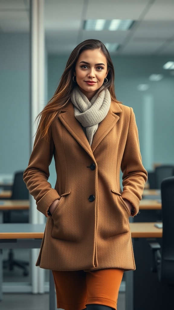A woman in a brown coat and scarf, standing confidently in an office setting.