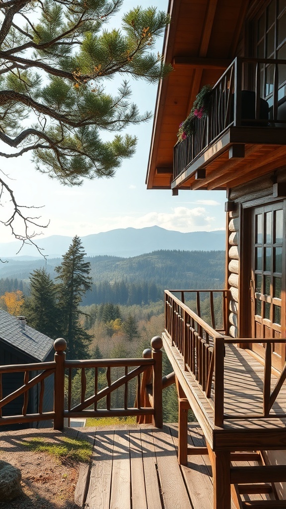 A rustic house balcony overlooking a scenic view of mountains and trees.