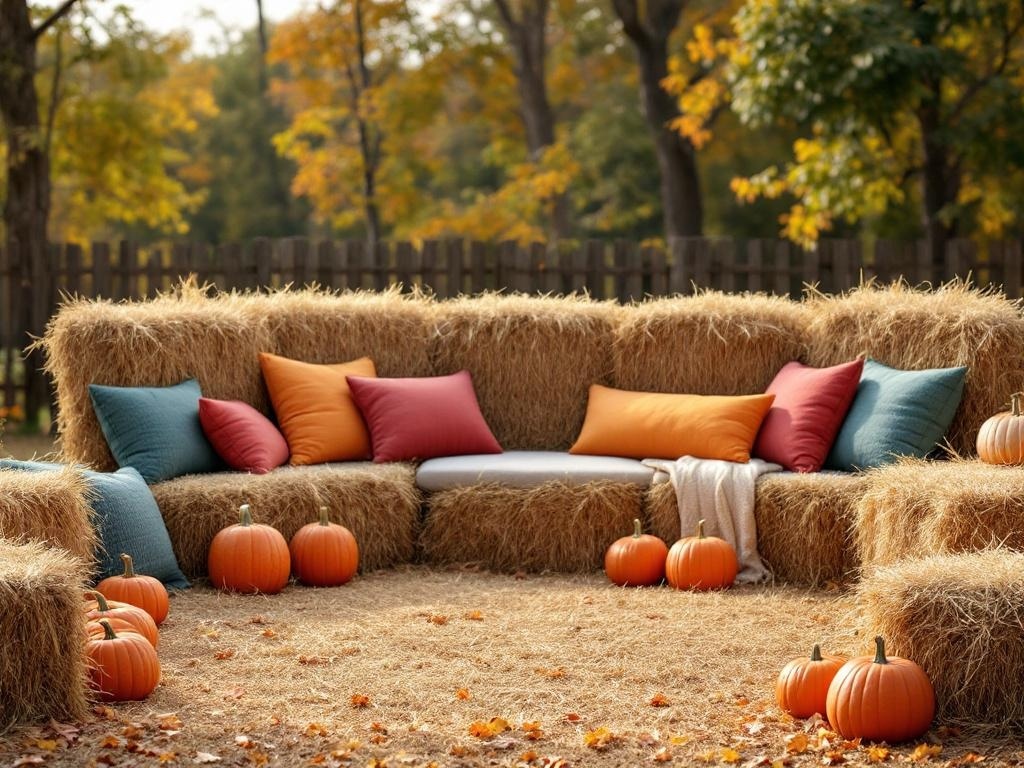 Outdoor seating area made of hay bales with colorful cushions and pumpkins