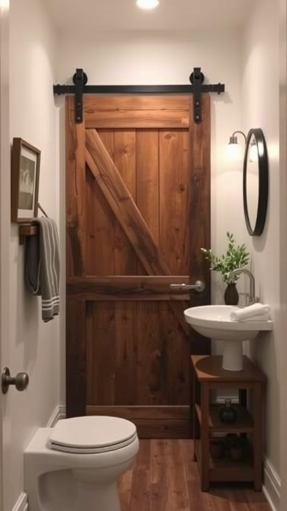 A rustic barn door in a small bathroom setting.