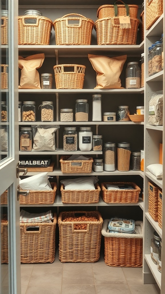 A well-organized pantry with baskets grouping similar items.