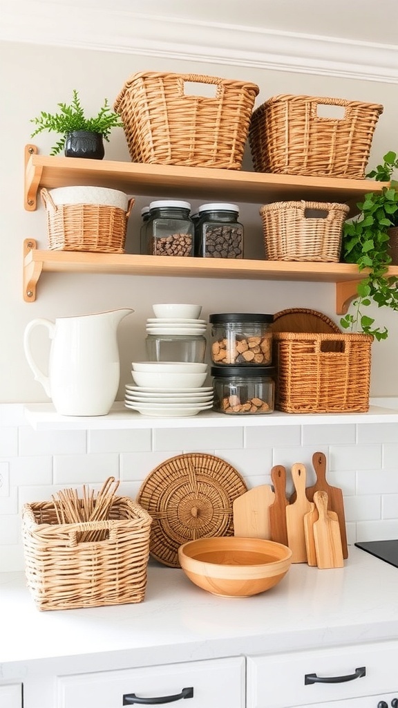 Open shelving with various wicker baskets and white kitchenware.