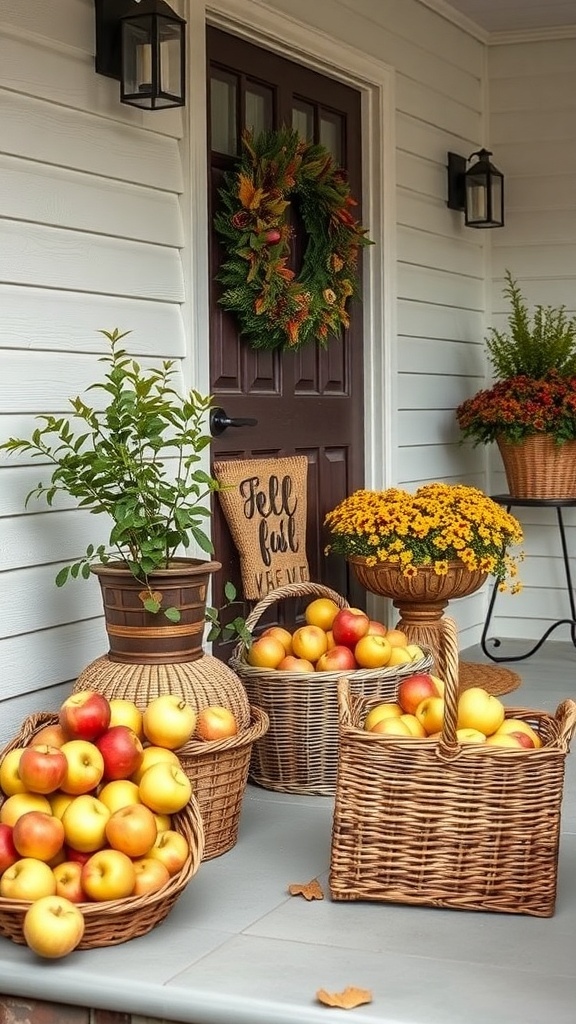 A porch decorated with baskets of apples, a fall wreath, and potted plants.