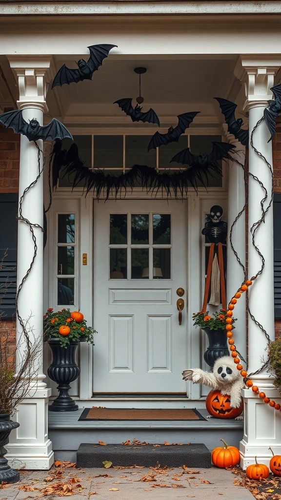A Halloween-themed porch decorated with black bats, pumpkins, and a skeleton.