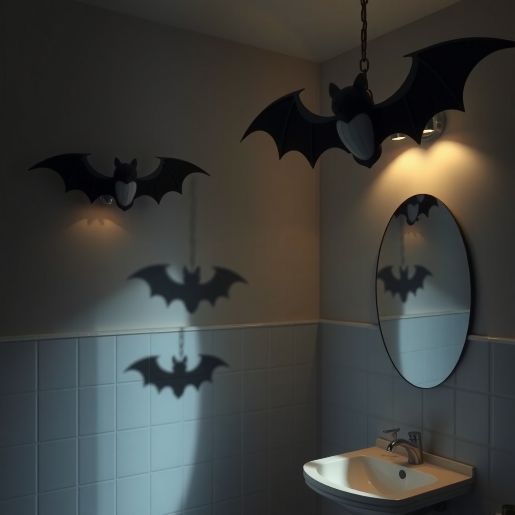 Bat-shaped lighting fixtures in a bathroom casting shadows on the wall