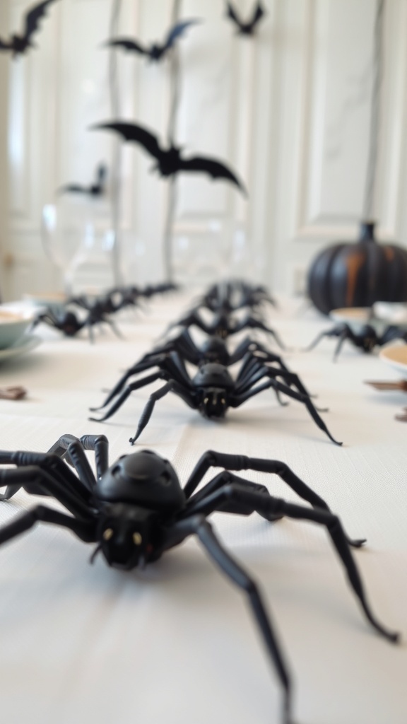 A table decorated with black plastic spiders and hanging bats for Halloween.