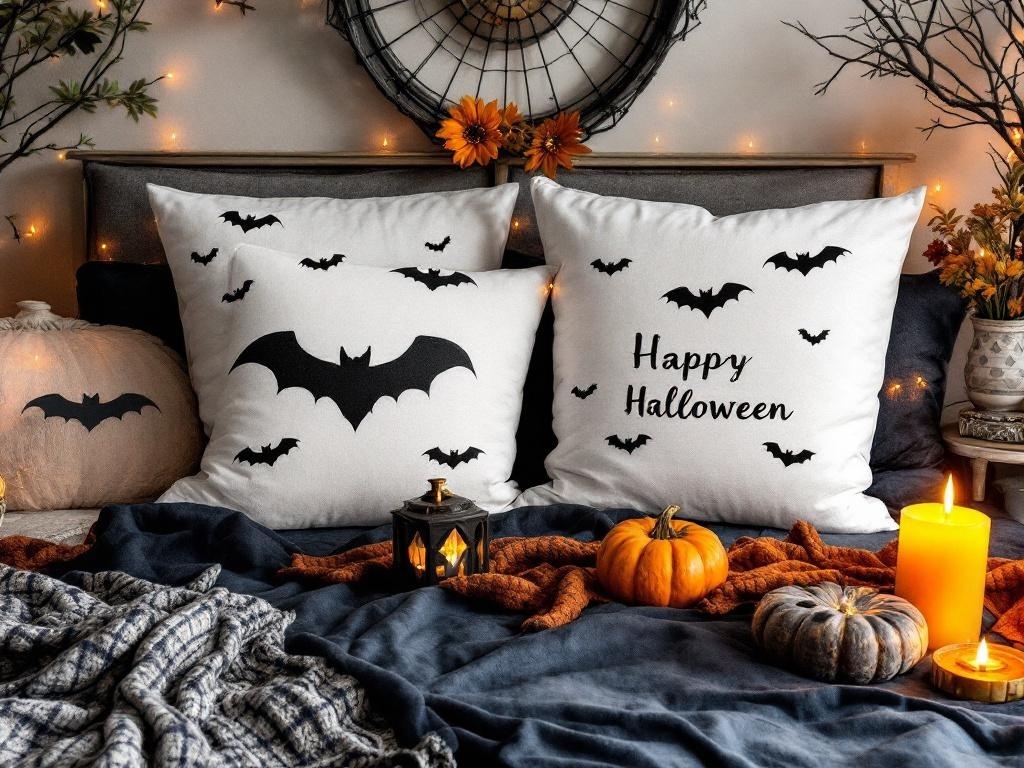 Decorative throw pillows with bat silhouettes and a 'Happy Halloween' message, surrounded by pumpkins and candles.
