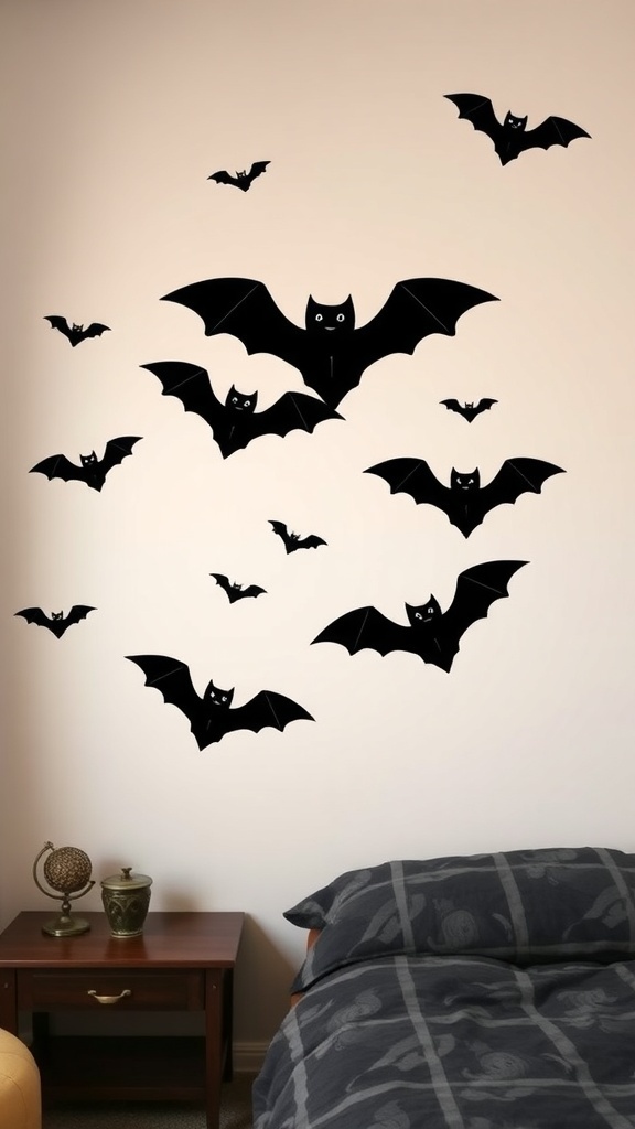 A wall decorated with black bat decals in a bedroom setting.