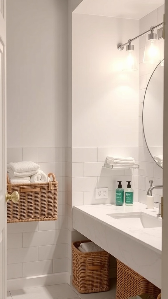 A well-organized bathroom with wicker baskets for storage.