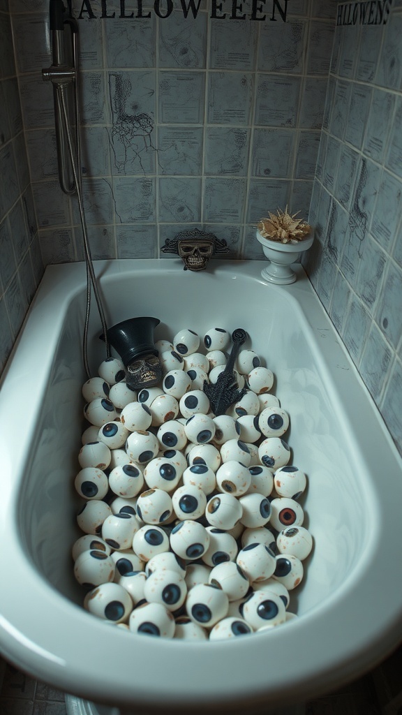 A bathtub filled with fake eyeballs, surrounded by spooky decorations.