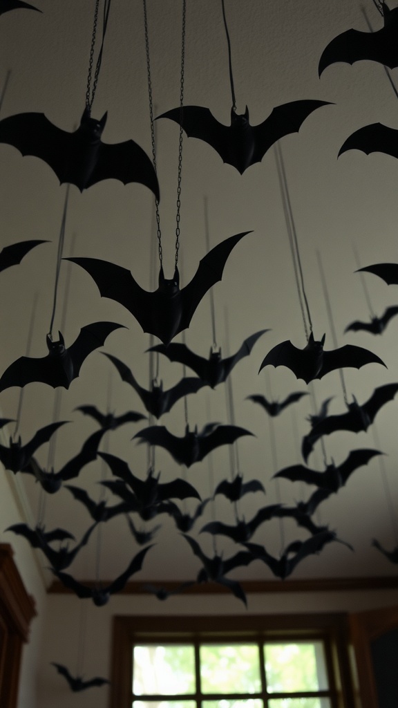 A ceiling decorated with hanging black bats for Halloween