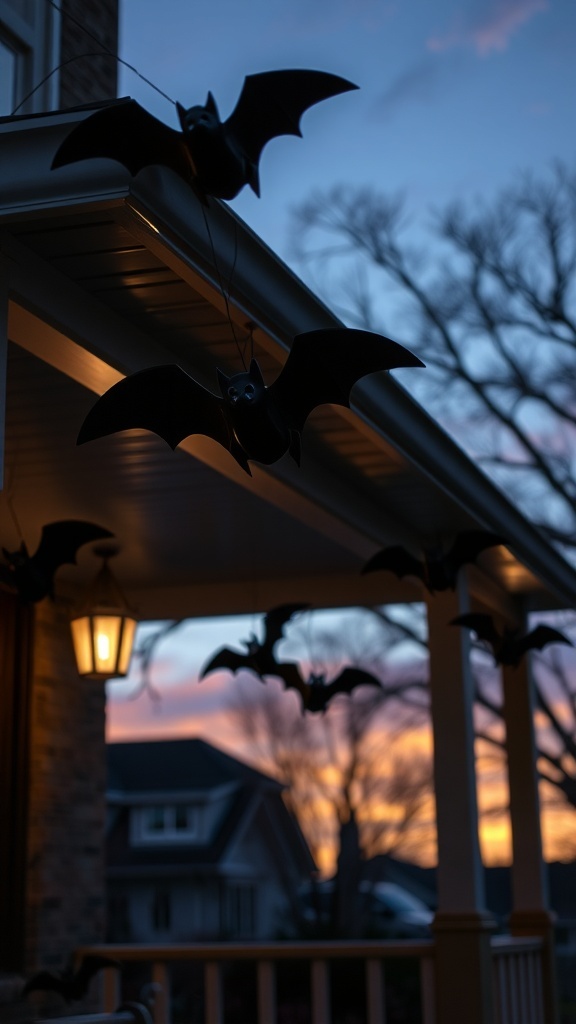 Bats hanging from the eaves of a porch during sunset