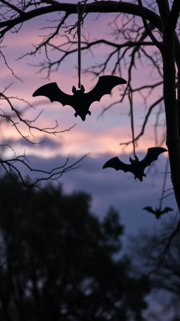 Hanging bat decorations in a garden at dusk