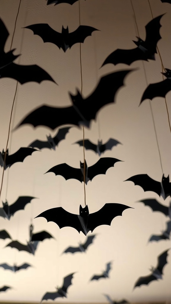 Hanging black bats from the ceiling for Halloween decor
