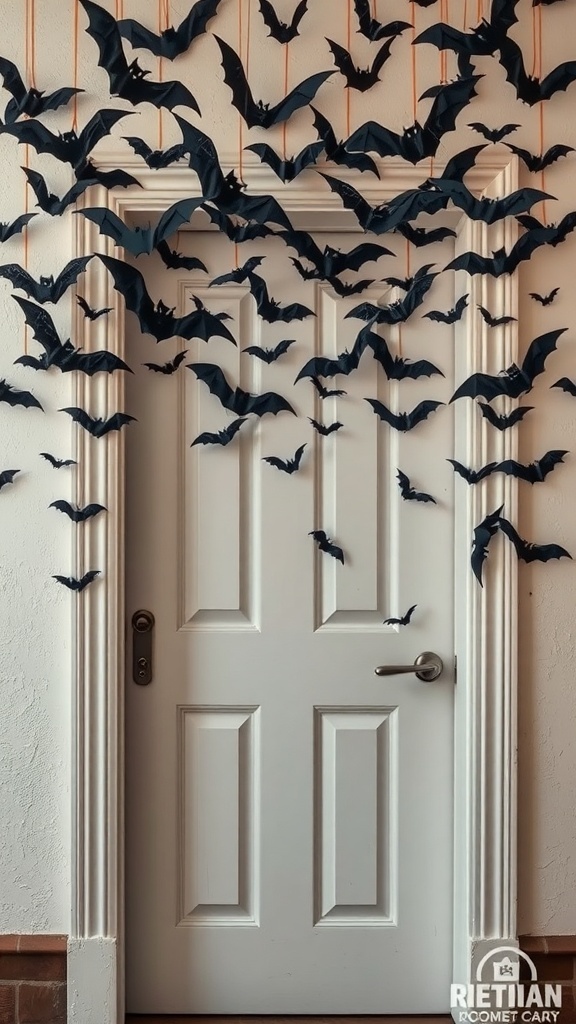 A door decorated with hanging black bats for Halloween