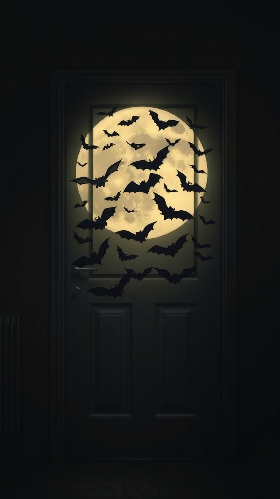 A Halloween door decorated with black bat silhouettes against a glowing full moon.