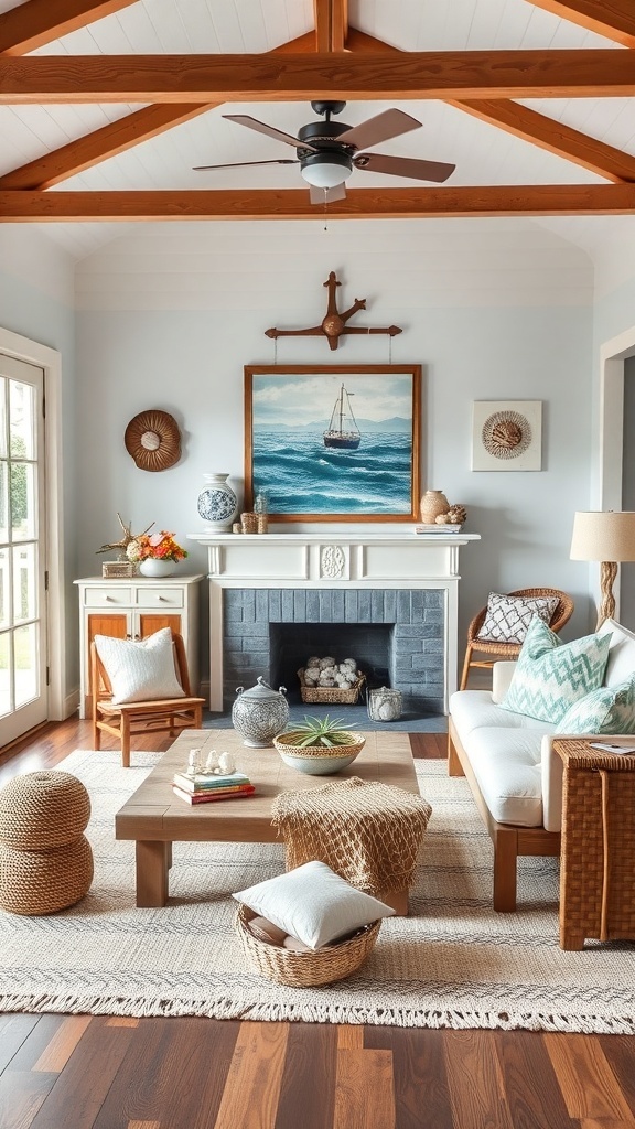 Cozy living room with beach-inspired decor featuring natural materials and nautical accents.