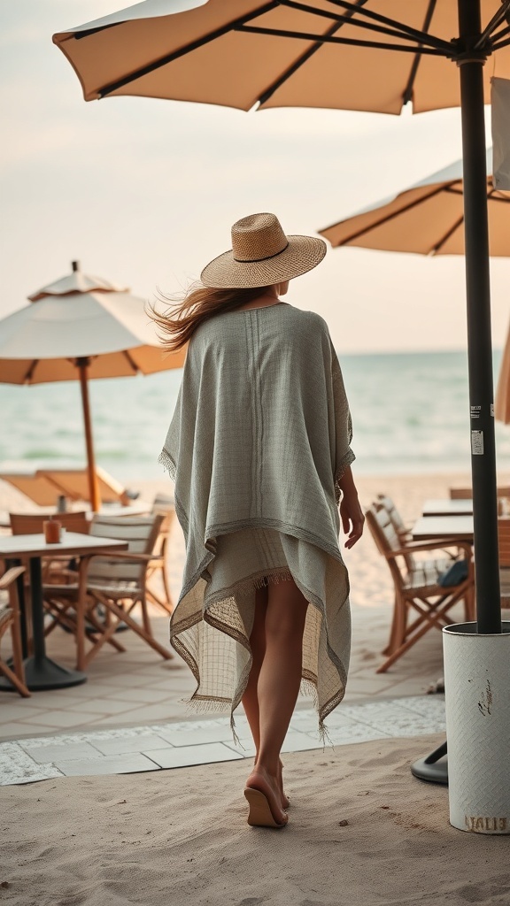 A woman in a stylish beach cover-up walking on the sand, wearing a wide-brimmed hat, with beach umbrellas in the background.